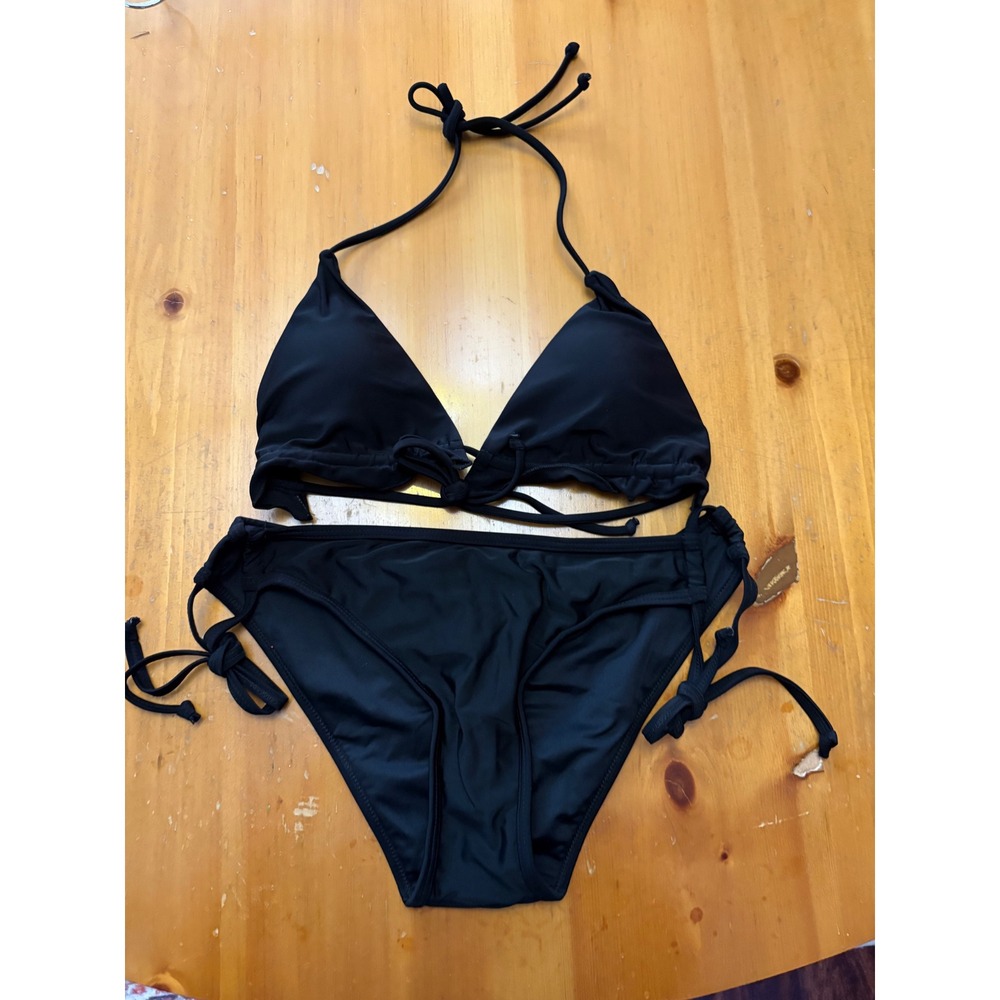 Black Triangle Bikini Set Ruched Back Side Tie Swimsuit Small